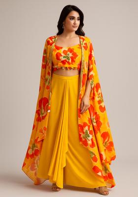 Yellow Floral Printed Georgette Fusion Set