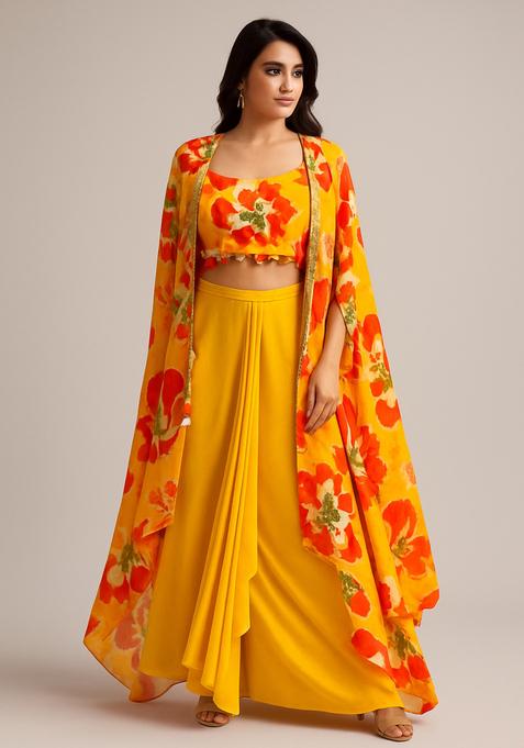 Yellow Floral Printed Georgette Fusion Set