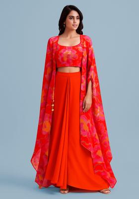 Red Printed Georgette Fusion Set