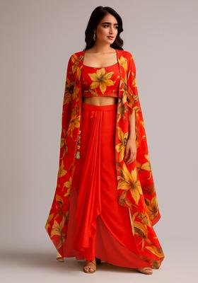 Orange Printed Georgette Fusion Set