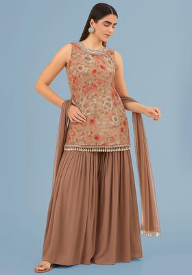 Peach Embroidered&nbsp; Georgette Sharara Set