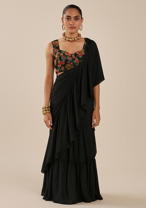 Black Solid Chiffon Pre Draped Saree Set