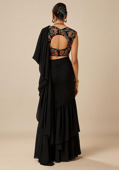 Black Solid Chiffon Pre Draped Saree Set