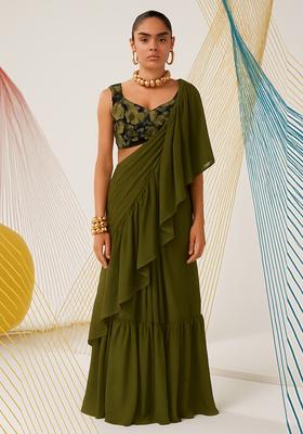 Green Solid Chiffon Pre Draped Saree Set