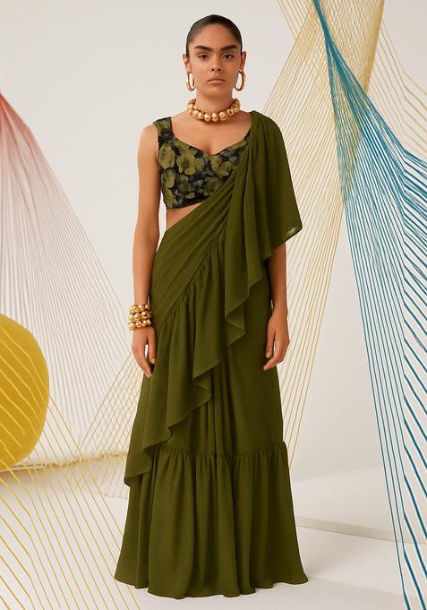 Green Solid Chiffon Pre Draped Saree Set