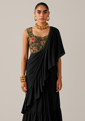 Black Solid Chiffon Pre Draped Saree Set