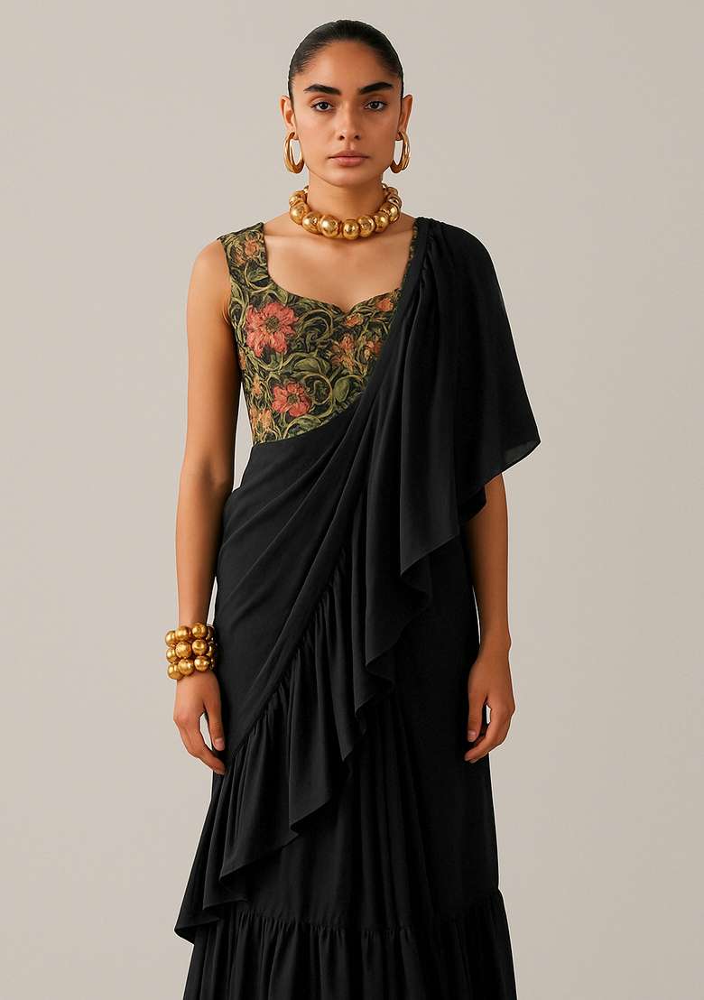 Black Solid Chiffon Pre Draped Saree Set - Indya