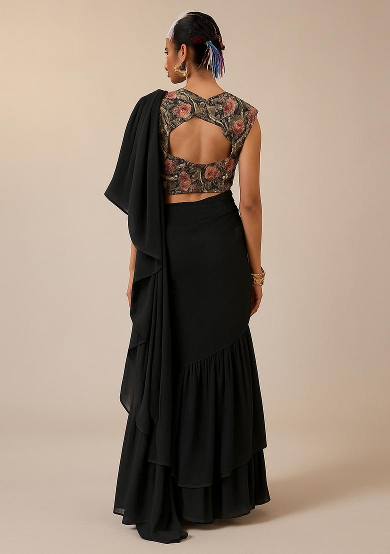 Black Solid Chiffon Pre Draped Saree Set - Indya