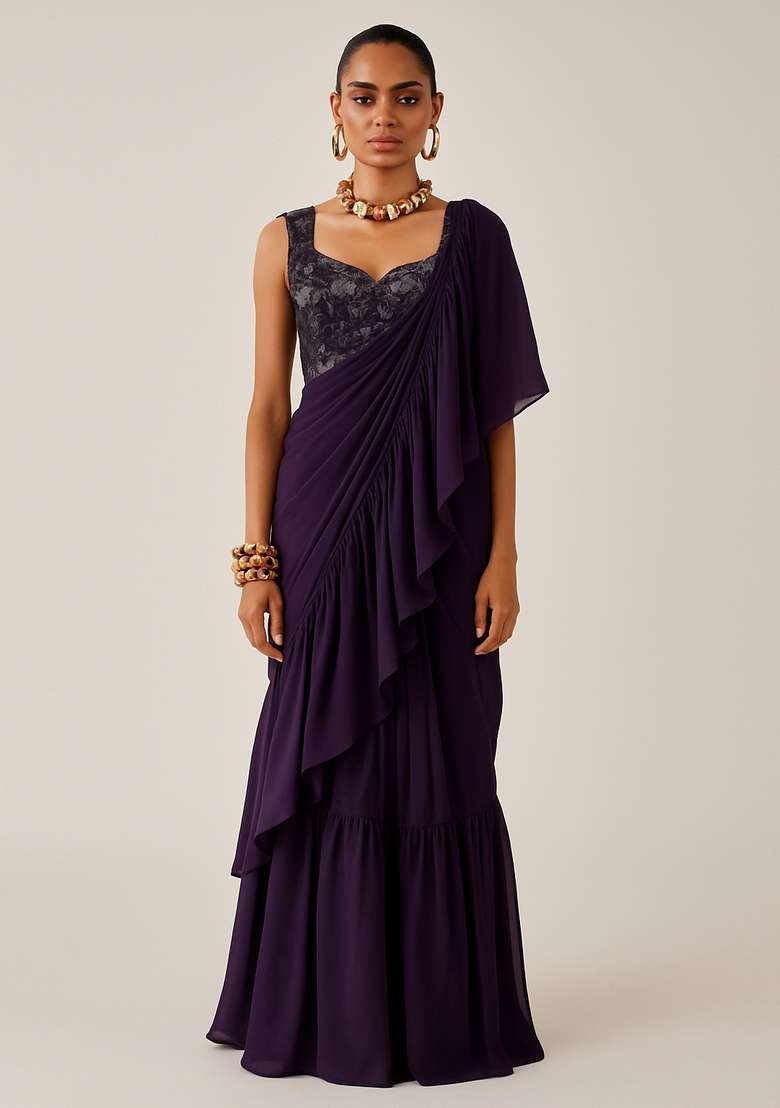 Purple Solid Chiffon Pre Draped Saree Set - Indya