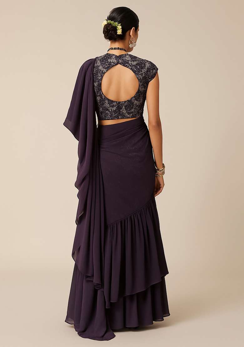 Purple Solid Chiffon Pre Draped Saree Set - Indya