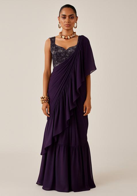 Purple Solid Chiffon Pre Draped Saree Set