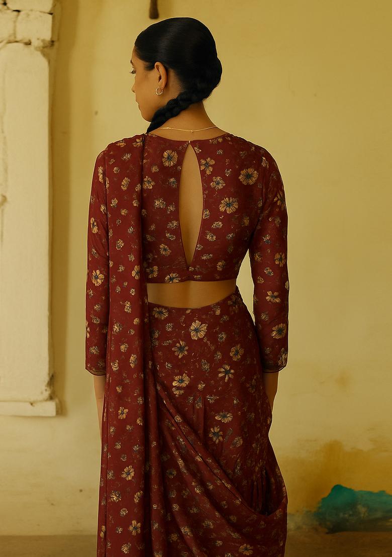 Red Printed Chiffon Fusion Set