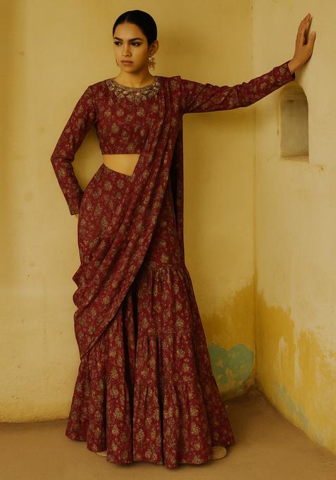 Red Printed Chiffon Fusion Set