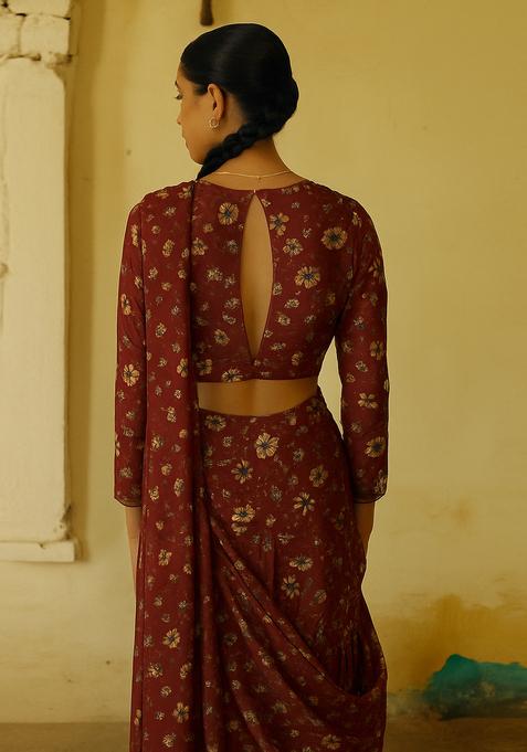 Red Printed Chiffon Fusion Set