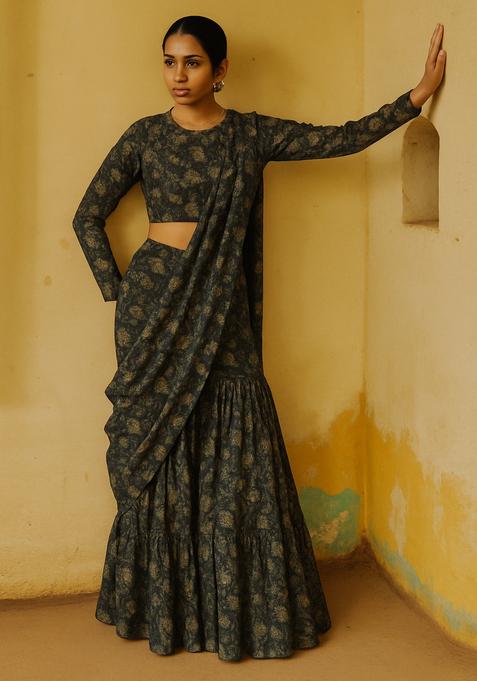 Black Printed Chiffon Fusion Set