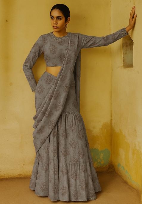 Grey Printed Chiffon Fusion Set