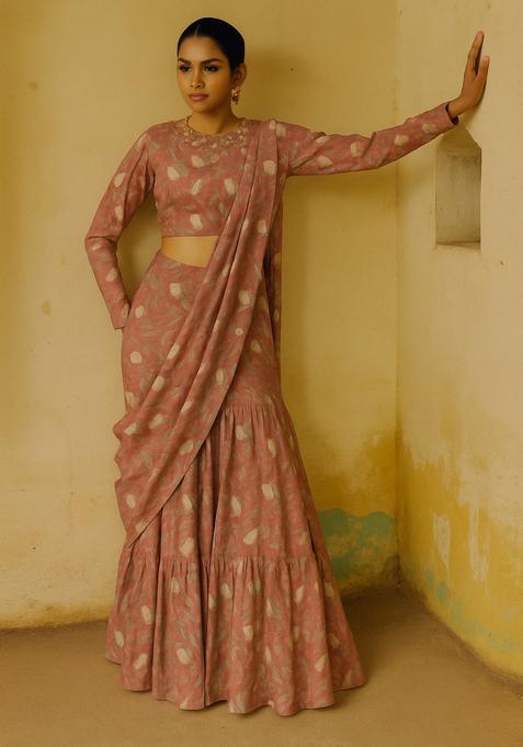 Peach Printed Chiffon Fusion Set