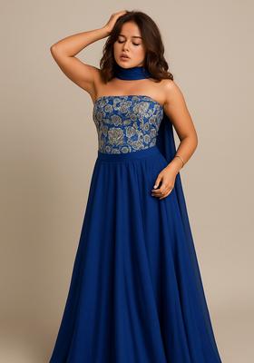 Blue Printed Georgette Fusion Set