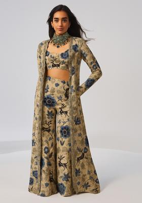 Beige Printed Chiffon Fusion Set