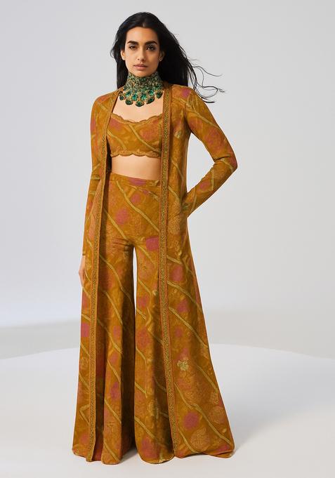 Mustard Printed Chiffon Fusion Set