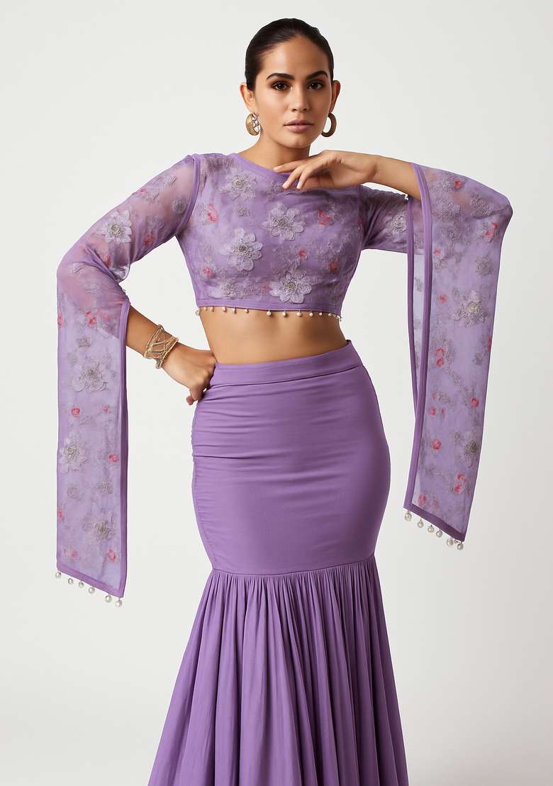 Light Purple Embroidered Blouse Tissue Fusion Set - Indya