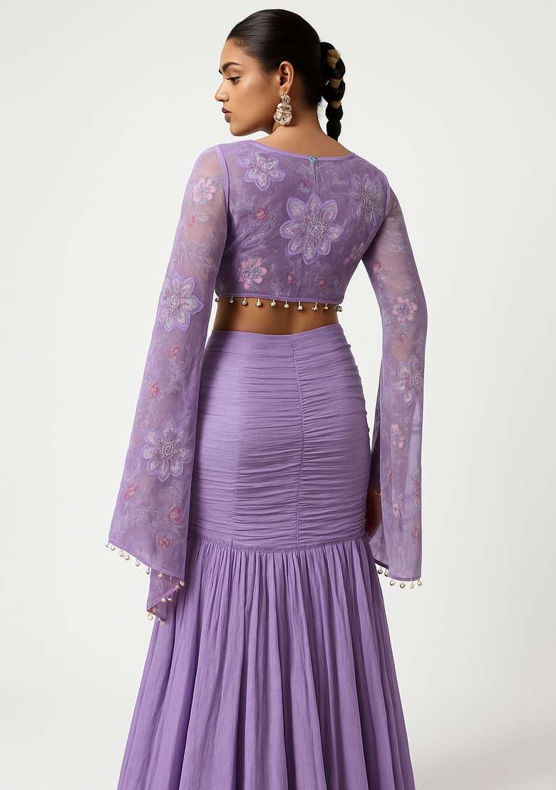 Light Purple Embroidered Blouse Tissue Fusion Set - Indya