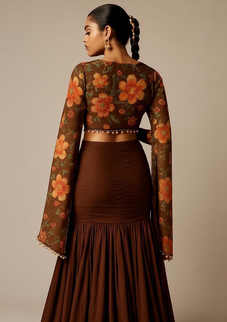 Brown Embroidered Blouse Tissue Fusion Set