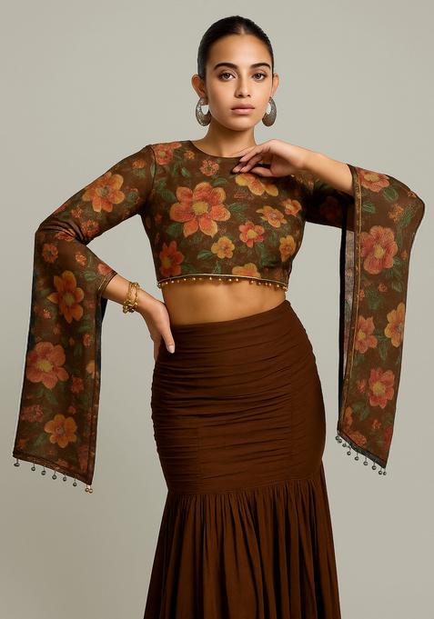 Brown Embroidered Blouse Tissue Fusion Set