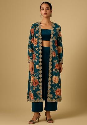 Teal Blue Printed Micro Velvet Fusion Set