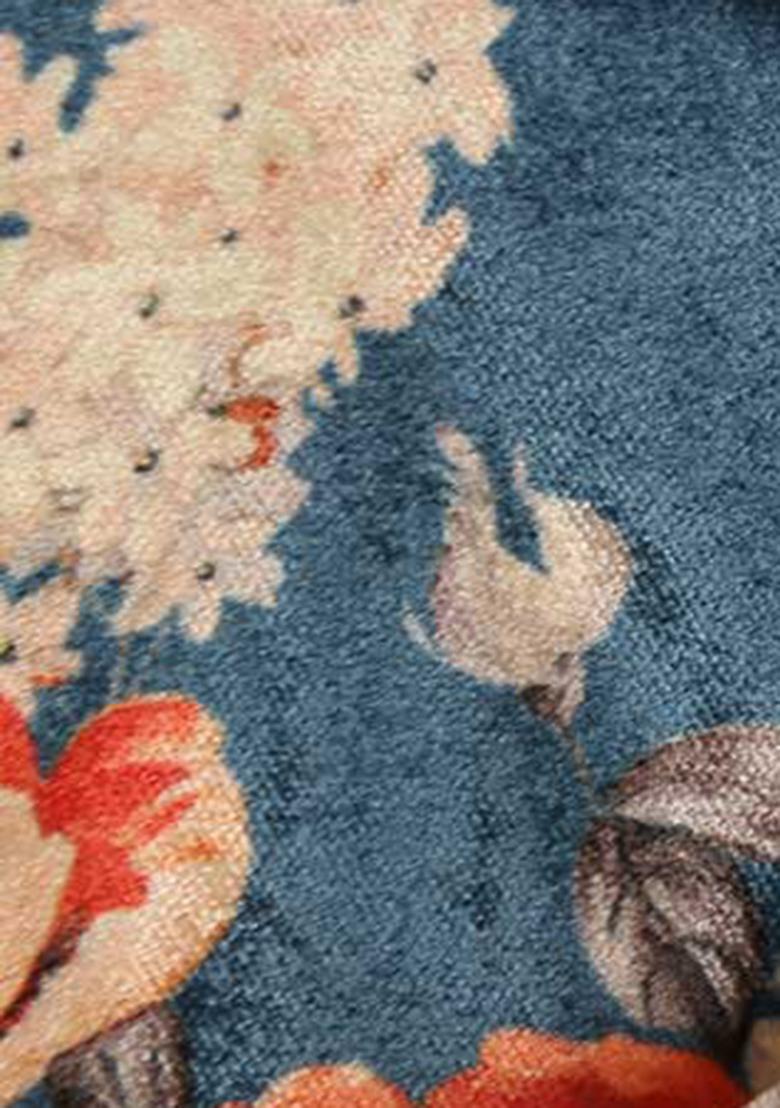 Teal Blue Printed Micro Velvet Fusion Set - Indya