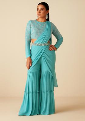 Sky Blue Embellished Blouse Georgette Fusion Set