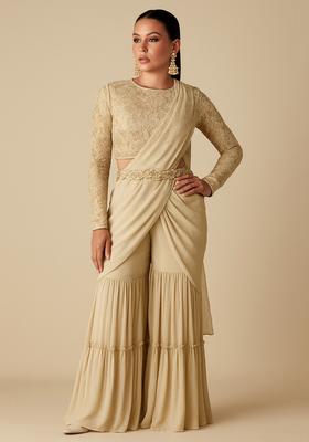 Cream Embellished Blouse Georgette Fusion Set