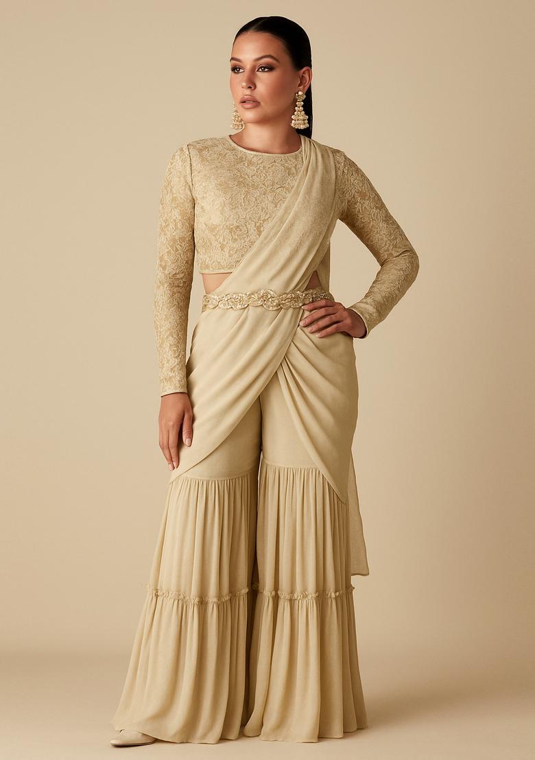 Cream Embellished Blouse Georgette Fusion Set