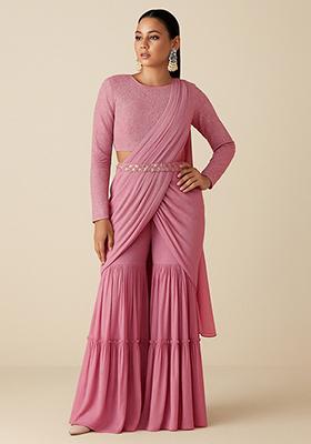 Mauve Embellished Blouse Georgette Fusion Set