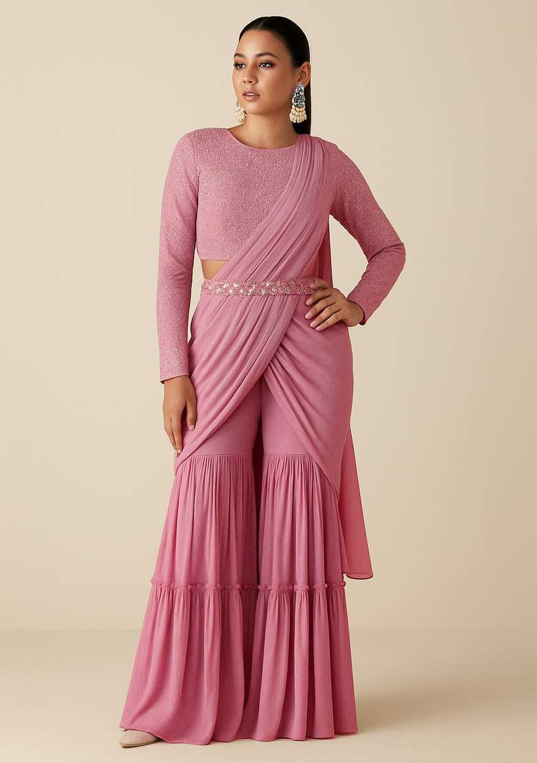 Mauve Embellished Blouse Georgette Fusion Set for Diwali and Festive Wear - Indya