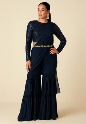 Deep Blue Embellished Blouse Georgette Fusion Set