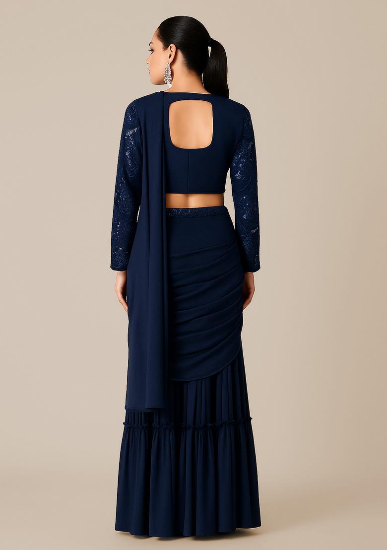 Deep Blue Embellished Blouse Georgette Fusion Set - Indya