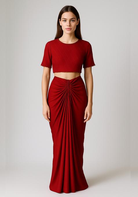 Maroon Embroidered Blouse Georgette Fusion Set