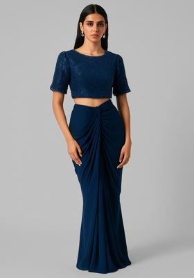 Teal Blue Embroidered Blouse Georgette Fusion Set