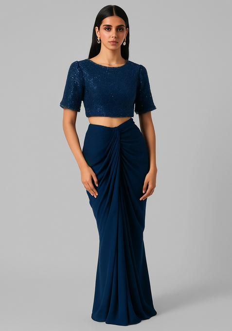 Teal Blue Embroidered Blouse Georgette Fusion Set