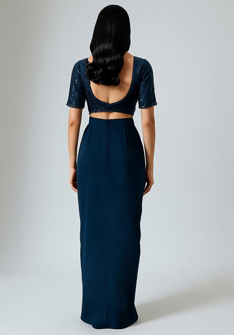 Teal Blue Embroidered Blouse Georgette Fusion Set