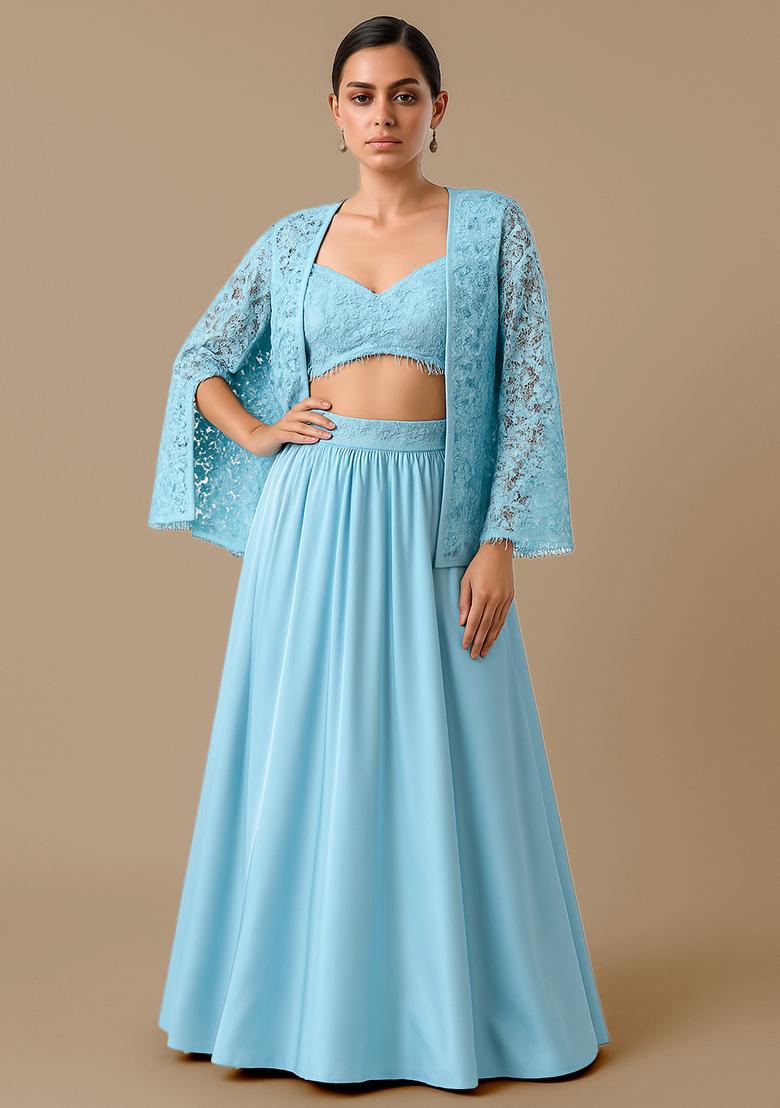 Powder Blue Embroidered Chinon Lehenga Set