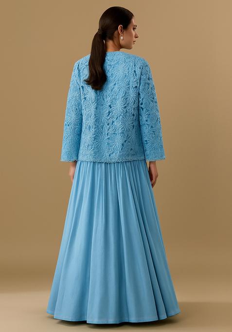 Powder Blue Embroidered Chinon Lehenga Set