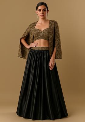 Gold And Black Embroidered Chinon Lehenga Set