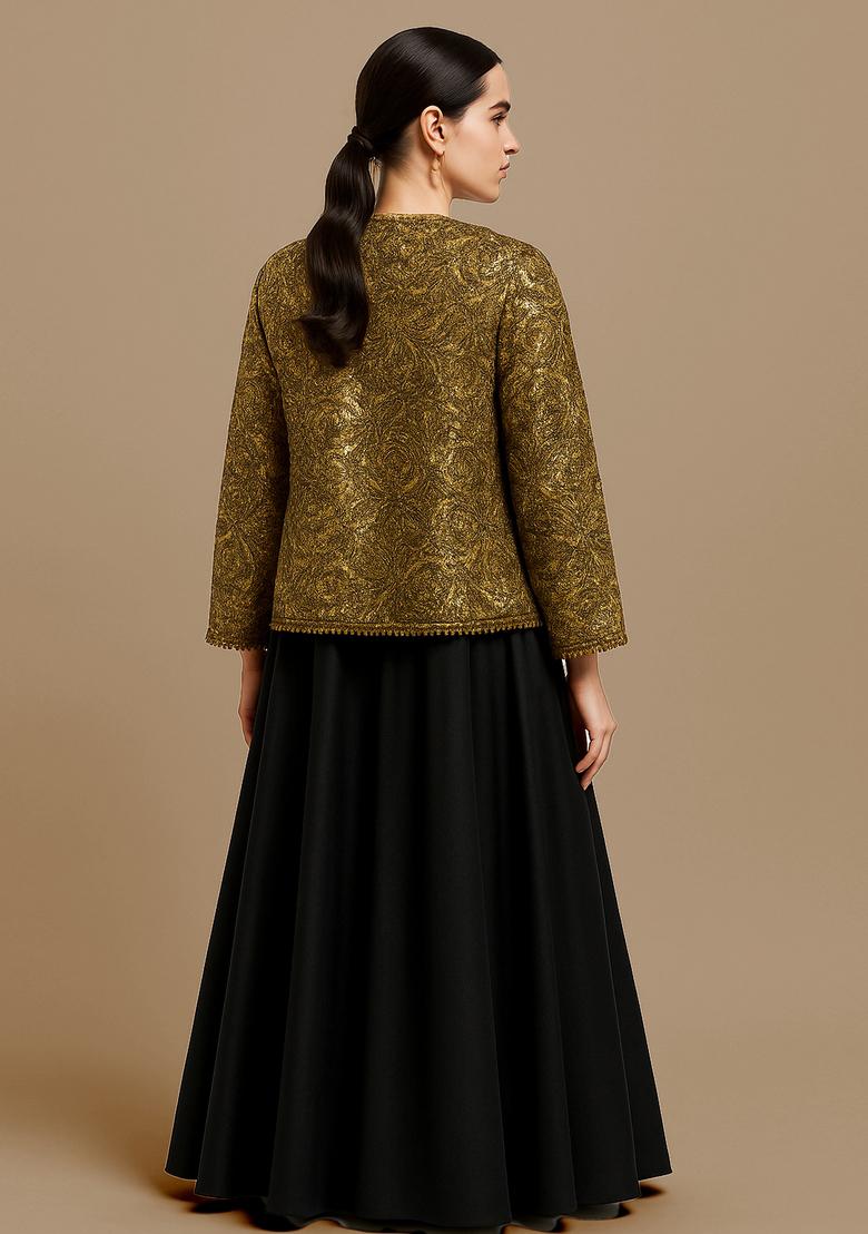 Gold And Black Embroidered Chinon Lehenga Set