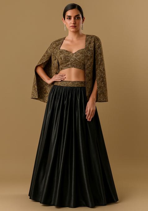 Gold And Black Embroidered Chinon Lehenga Set