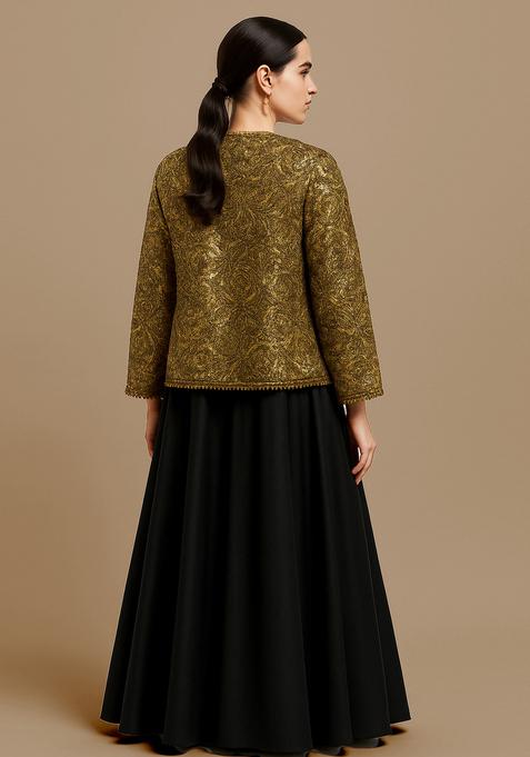 Gold And Black Embroidered Chinon Lehenga Set