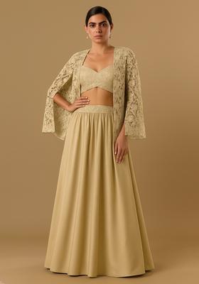 Cream Embroidered Chinon Lehenga Set