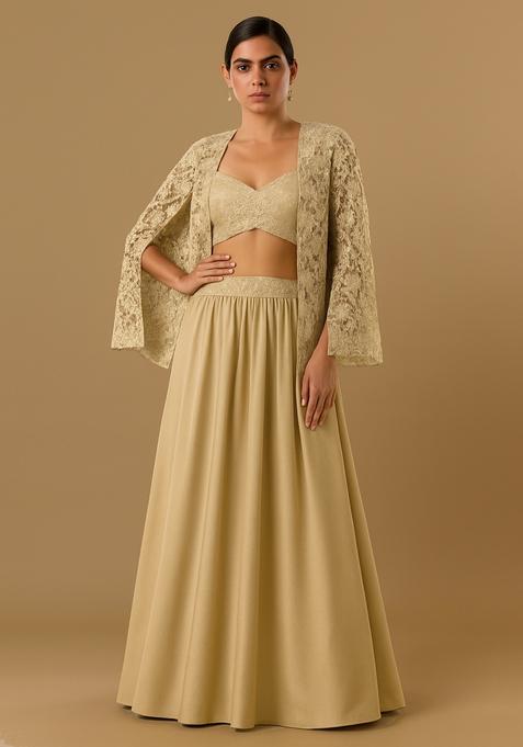 Cream Embroidered Chinon Lehenga Set