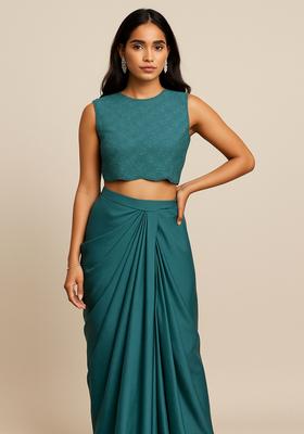 Teal Blue Embroidered Blouse Satin Fusion Set